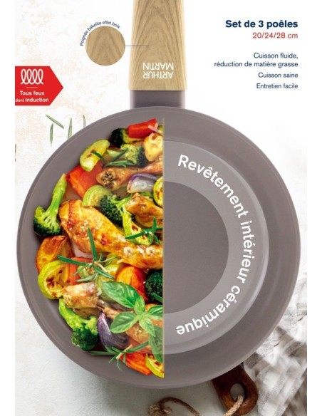 Set de 3 poeles - Tous feux dont induction - ARTHUR MARTIN - AM1052 - Revetement céramique - Ø 20-24-28 cm - Taupe – ARTHUR MARTIN (Batterie De Cuisine) | STORE PRO SHOP 