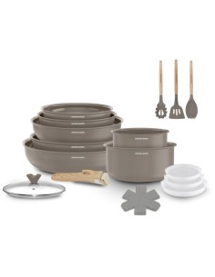 Batterie de cuisine - Tous feux dont induction - ARTHUR MARTIN  Revetement céramique - 18 pieces - Poignée amovible effet boi