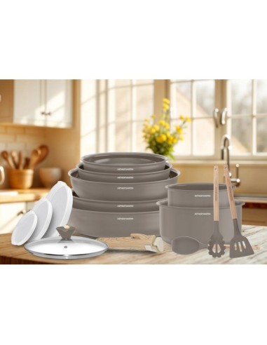 Batterie de cuisine - Tous feux dont induction - ARTHUR MARTIN  Revetement céramique - 18 pieces - Poignée amovible effet boi – ARTHUR MARTIN (Batterie De Cuisine) | STORE PRO SHOP 