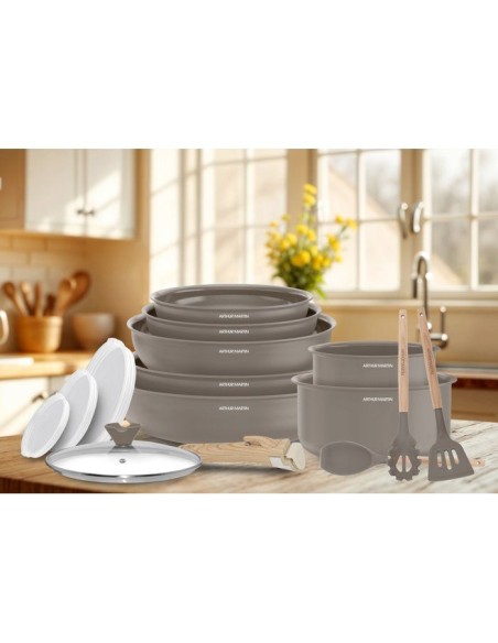 Batterie de cuisine - Tous feux dont induction - ARTHUR MARTIN  Revetement céramique - 18 pieces - Poignée amovible effet boi – ARTHUR MARTIN (Batterie De Cuisine) | STORE PRO SHOP 