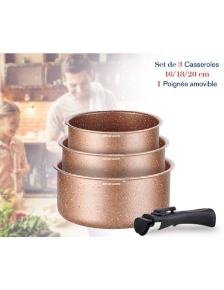 Set de 3 casseroles - Tous feux dont induction - ARTHUR MARTIN - AM2366 - Ø 16,18 et 20 cm  1 poignée amovible - Terracotta – ARTHUR MARTIN (Casserole) | STORE PRO SHOP 