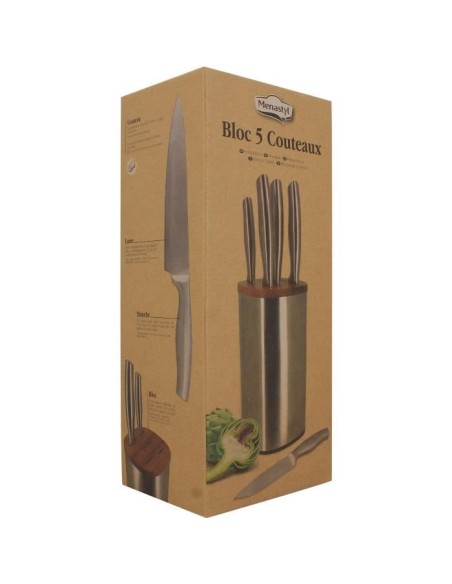 Bloc de couteaux 5 pieces - MENASTYL - 5041070 - En acier inoxydable - Bois – MENASTYL (Couteau De Cuisine) | STORE PRO SHOP 