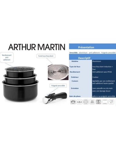 ARTHUR MARTIN Set 3 casseroles 16/18/20cm tous feux dont induction –  (Batterie De Cuisine) | STORE PRO SHOP 
