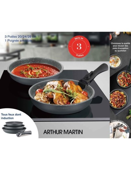 Batterie de cuisine ARTHUR MARTIN AM521GM Set de 3 poeles - Gris Mat 20-24-28 cm  1 poignée amovible - Tous feux dont inductio – ARTHUR MARTIN (Batterie De Cuisine) | STORE PRO SHOP 