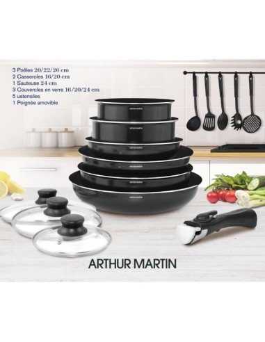 ARTHUR MARTIN Batterie de cuisine amovible 15 pieces 16-20-22-24-26 cm noir - Tous feux dont induction – ARTHUR MARTIN (Batterie De Cuisine) | STORE PRO SHOP 