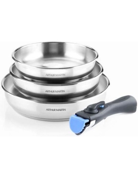 Set de 3 poeles 20-24-26 cm Arthur Martin AM1410 - Acier Inoxydable - Poignée amovible - Tous feux dont induction – ARTHUR MARTIN (Batterie De Cuisine) | STORE PRO SHOP 