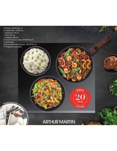 Batterie de cuisine - Tous feux dont induction - Arthur Martin - AM0530 - Aluminium - Anti-adhésif - 20 pieces - Poignée amovi – ARTHUR MARTIN (Batterie De Cuisine) | STORE PRO SHOP 