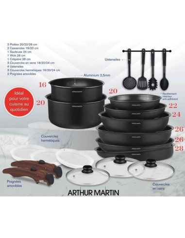Batterie de cuisine - Tous feux dont induction - Arthur Martin - AM0530 - Aluminium - Anti-adhésif - 20 pieces - Poignée amovi – ARTHUR MARTIN (Batterie De Cuisine) | STORE PRO SHOP 