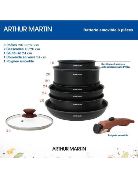 Batterie de cuisine 8 pieces ARTHUR MARTIN - Aluminium - Poignée Bois - Tous feux dont induction – ARTHUR MARTIN (Batterie De Cuisine) | STORE PRO SHOP 