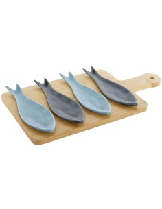 Ensemble à apértif Home ESPRIT Bleu Vert Blue marine Bambou Porcelaine méditerranéen Poissons 36 x 18 x 1,3 cm 5 Pièces