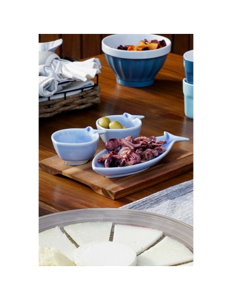 Ensemble à apértif Home ESPRIT Bleu Bleu ciel Porcelaine Acacia méditerranéen Poissons 19,5 x 16,5 x 1,3 cm 4 Pièces