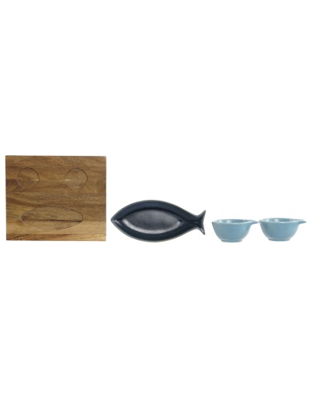 Ensemble à apértif Home ESPRIT Bleu Bleu ciel Porcelaine Acacia méditerranéen Poissons 19,5 x 16,5 x 1,3 cm 4 Pièces
