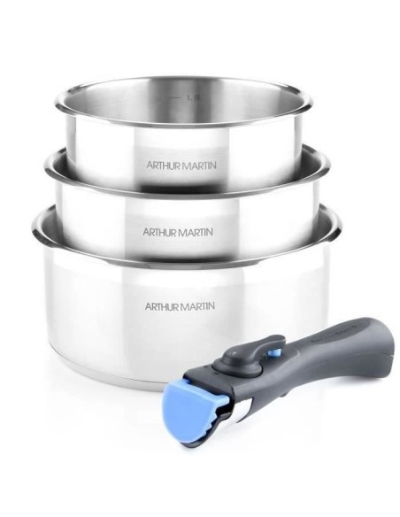 Set de 3 casseroles 16-18-20 cm Arthur Martin AM3710  - Acier Inoxydable - Poignée amovible - Tous feux dont induction – ARTHUR MARTIN (Batterie De Cuisine) | STORE PRO SHOP 