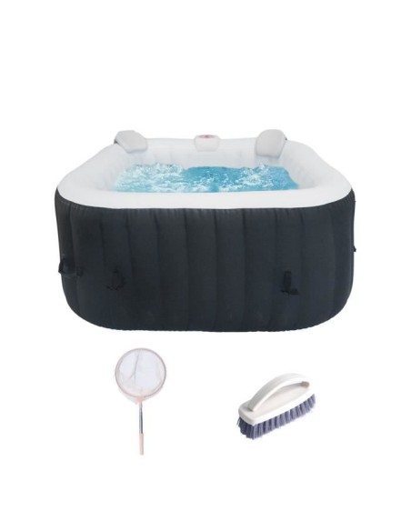 KIT TOUT INCLUS SPA et accessoires : spa gonflable carré 4 places avec 2 appuis tetes, filtre, épuisette, brosse, tapis, couve
