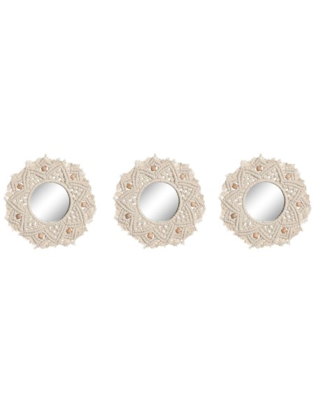 Ensemble de miroirs Home ESPRIT Blanc Verre Macramé Boho 20 x 1 x 20 cm (3 Pièces)