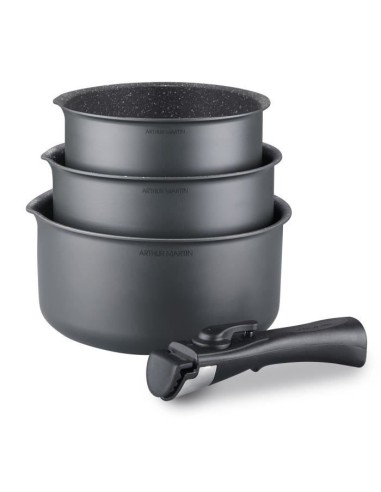 Batterie de cuisine ARTHUR MARTIN AM777GM Set de 3 casseroles - Gris Mat 16-18-20 cm  1 poignée amovible - Tous feux dont indu