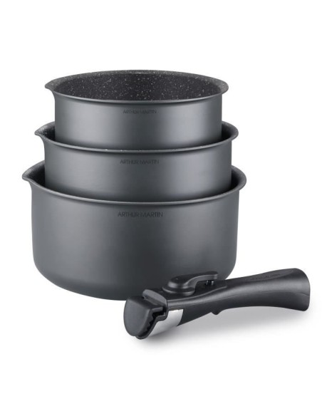 Batterie de cuisine ARTHUR MARTIN AM777GM Set de 3 casseroles - Gris Mat 16-18-20 cm  1 poignée amovible - Tous feux dont indu