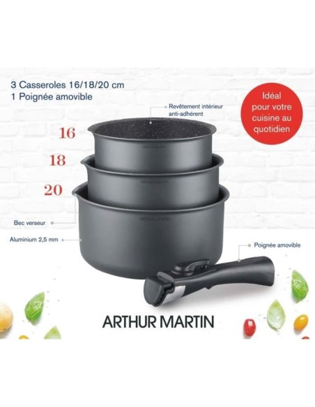 Batterie de cuisine ARTHUR MARTIN AM777GM Set de 3 casseroles - Gris Mat 16-18-20 cm  1 poignée amovible - Tous feux dont indu
