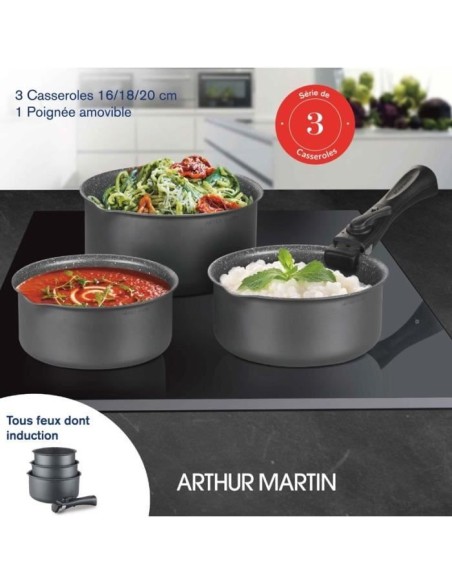 Batterie de cuisine ARTHUR MARTIN AM777GM Set de 3 casseroles - Gris Mat 16-18-20 cm  1 poignée amovible - Tous feux dont indu