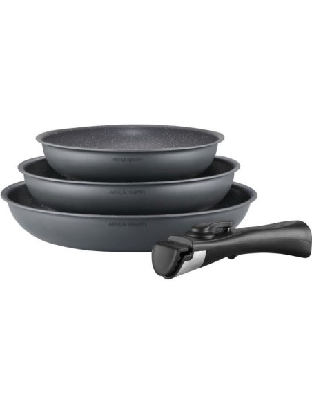 Batterie de cuisine ARTHUR MARTIN AM521GM Set de 3 poeles - Gris Mat 20-24-28 cm  1 poignée amovible - Tous feux dont inductio