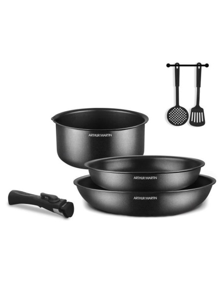 Batterie de cuisine - Tous feux dont induction - Arthur Martin - AM9582 - Aluminium - Anti-adhésif - 6 pieces - Poignée amovib