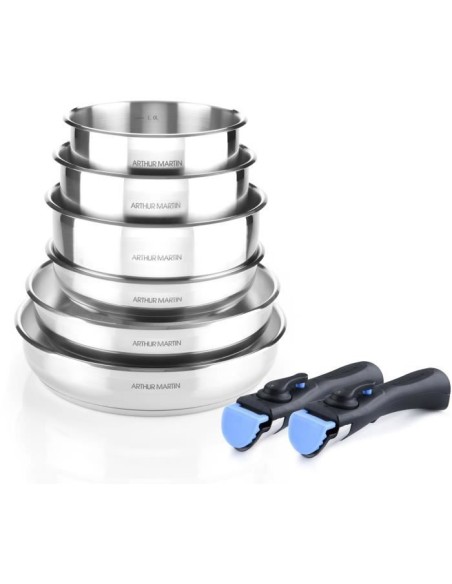 ARTHUR MARTIN AM5538 - Batterie de cuisine 8 pieces Inox : 3 poeles, 3 casseroles, 2 poignées - Tous feux dont induction