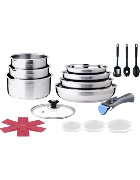 Batterie de cuisine induction - ARTHUR MARTIN - AM0566 - 18 pieces - Poignée amovible - Tous feux dont induction - Acier inoxy