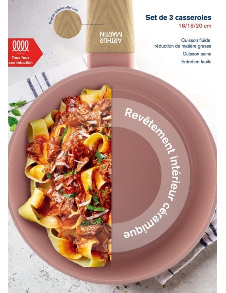 Set de 3 casseroles - Tous feux dont induction - ARTHUR MARTIN - AM0702 - Revetement céramique - Ø 16-18-20 cm - Rose – ARTHUR MARTIN (Batterie De Cuisine) | STORE PRO SHOP 