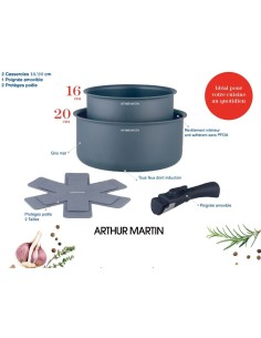 Set de 2 casseroles - Tous feux dont induction - ARTHUR MARTIN - AM2984 - Anti-adhésif - Ø 16-20 cm  Poignée amovible - Gris m 2