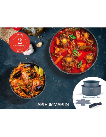 Set de 2 casseroles - Tous feux dont induction - ARTHUR MARTIN - AM2984 - Anti-adhésif - Ø 16-20 cm  Poignée amovible - Gris m – ARTHUR MARTIN (Batterie De Cuisine) | STORE PRO SHOP 