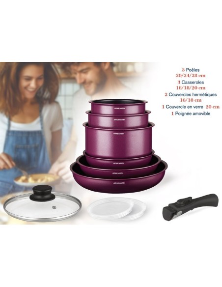 Batterie de cuisine - Tous feux dont induction - ARTHUR MARTIN - AM2991 - Aluminium revetement anti-adhésif - 10 pieces - Prun – ARTHUR MARTIN (Batterie De Cuisine) | STORE PRO SHOP 