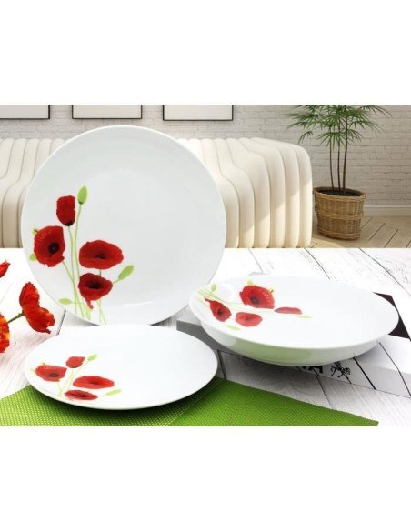 Service de Table 18 pieces en porcelaine Coquelicot rouge et blanc