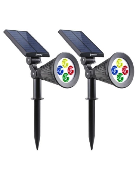LUMISKY Pack de 2 Spots solaires extérieur étanches - 4 LEDs colorées - 200 Lm - Tete pivotante a 90C