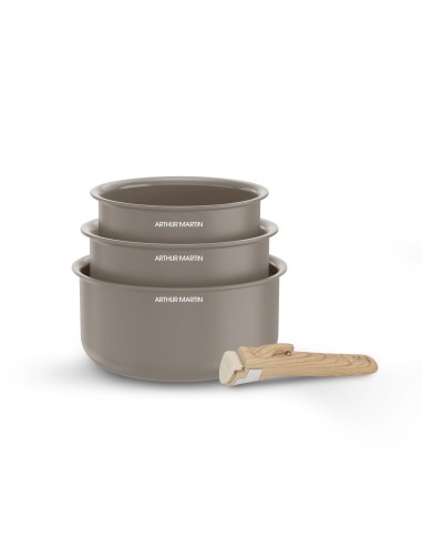 Set de 3 casseroles - Tous feux dont induction - ARTHUR MARTIN - AM1122 - Céramique - Ø 16-18-20 cm  poignée amovible - Taupe – ARTHUR MARTIN (Batterie De Cuisine) | STORE PRO SHOP 