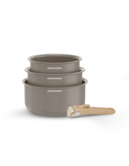Set de 3 casseroles - Tous feux dont induction - ARTHUR MARTIN - AM1122 - Céramique - Ø 16-18-20 cm  poignée amovible - Taupe – ARTHUR MARTIN (Batterie De Cuisine) | STORE PRO SHOP 
