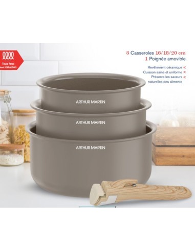 Set de 3 casseroles - Tous feux dont induction - ARTHUR MARTIN - AM1122 - Céramique - Ø 16-18-20 cm  poignée amovible - Taupe – ARTHUR MARTIN (Batterie De Cuisine) | STORE PRO SHOP 