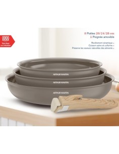 Set de 3 poeles - Tous feux dont induction - ARTHUR MARTIN - AM4587 - Céramique - Ø 20-24-28 cm  poignée amovible - Taupe 2