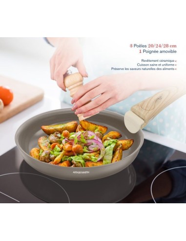 Set de 3 poeles - Tous feux dont induction - ARTHUR MARTIN - AM4587 - Céramique - Ø 20-24-28 cm  poignée amovible - Taupe – ARTHUR MARTIN (Batterie De Cuisine) | STORE PRO SHOP 