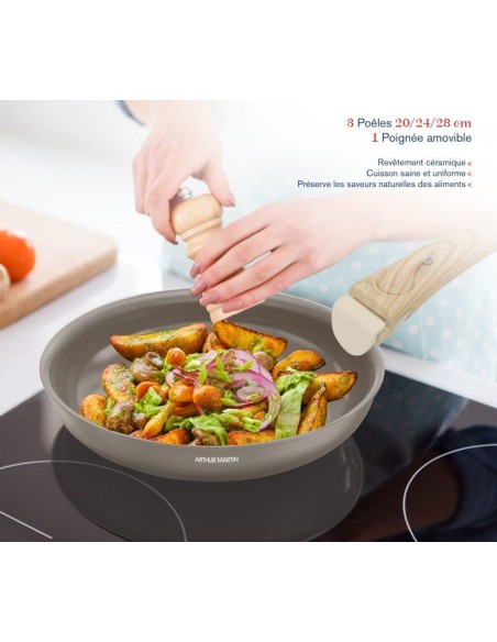 Set de 3 poeles - Tous feux dont induction - ARTHUR MARTIN - AM4587 - Céramique - Ø 20-24-28 cm  poignée amovible - Taupe – ARTHUR MARTIN (Batterie De Cuisine) | STORE PRO SHOP 