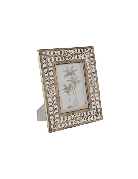 Cadre photo Home ESPRIT Blanc Naturel Verre Bois de manguier Fleur Indien 26,5 x 2 x 31,5 cm