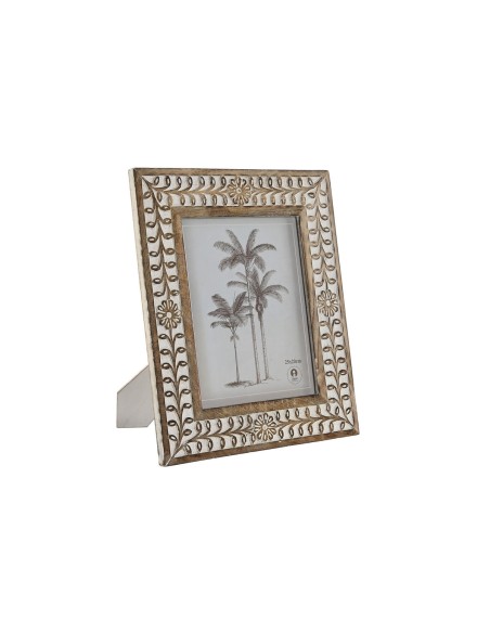 Cadre photo Home ESPRIT Blanc Naturel Verre Bois de manguier Fleur Indien 31,5 x 2 x 36,5 cm