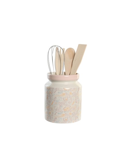 Pot pour ustensiles de cuisine DKD Home Decor Rose Métal Blanc Dolomite Bois MDF 12 x 12 x 25 cm (5 Unités)