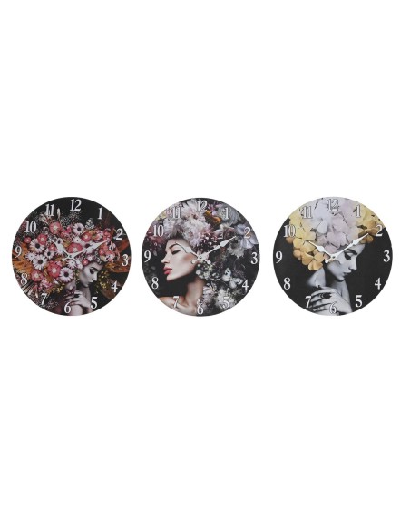 Horloge Murale DKD Home Decor Noir Multicouleur Fleurs Moderne Bois MDF (34 x 4 x 34 cm) (3 Unités)