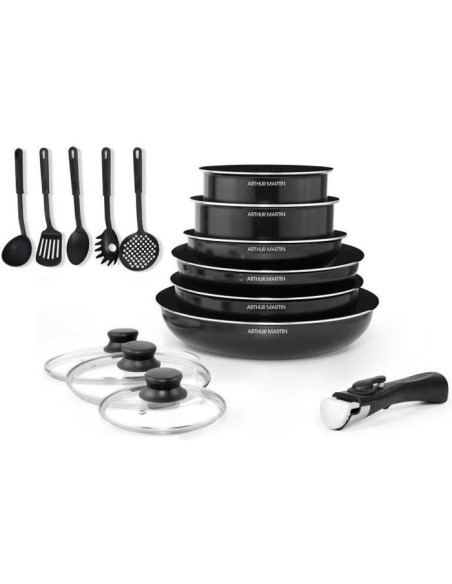 ARTHUR MARTIN Batterie de cuisine amovible 15 pieces 16-20-22-24-26 cm noir - Tous feux dont induction – ARTHUR MARTIN (Batterie De Cuisine) | STORE PRO SHOP 