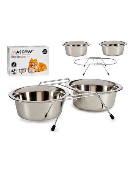 Mangeoir pour animaux Double 16,3 x 8 x 34,5 cm Argenté Acier inoxydable 800 ml (2 x 800 ml) – MASCOW (Gamelle - Ecuelle - Accessoire De Gamelle - Accessoire ) | STORE PRO SHOP 